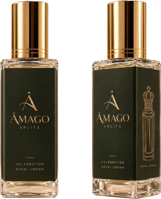 Dois decants Âmago Splits: frascos de vidro com tampa dourada e rótulo verde oliva